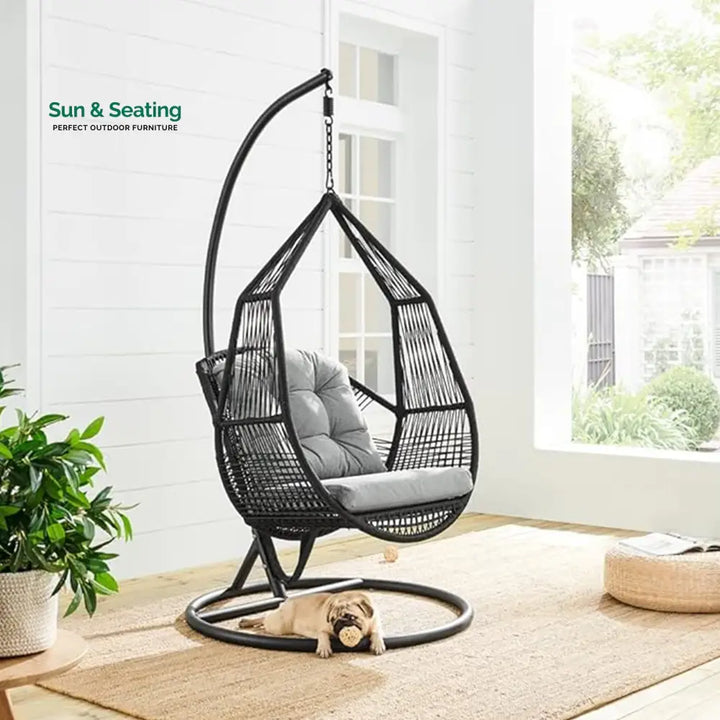 Eloisa Single Seater Hanging Swing With Stand For Balcony Garden (Black) Braided &amp; Rope (Copy) Swings