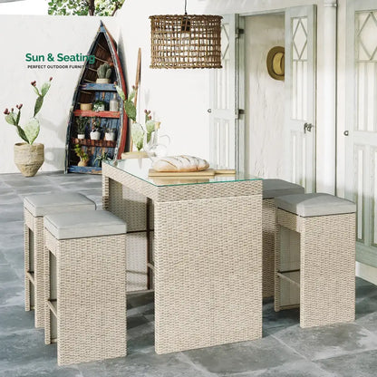 Elvan Outdoor Bar Sets 4 Stool and 1 Table Patio Bar Set (Cream) Bar Sets