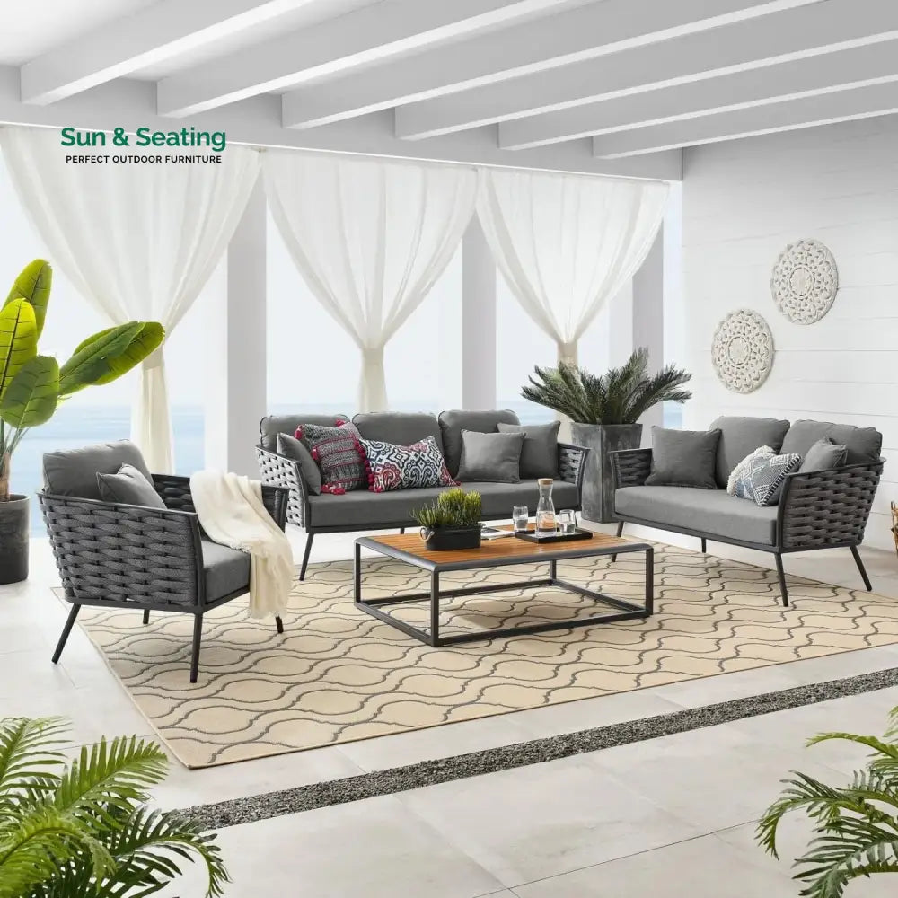 Elvira 4 Piece Outdoor Rope Sofa Set with Wooden Top Table Sofa Set