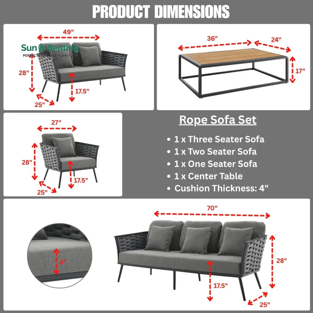 Elvira 4 Piece Outdoor Rope Sofa Set with Wooden Top Table Sofa Set