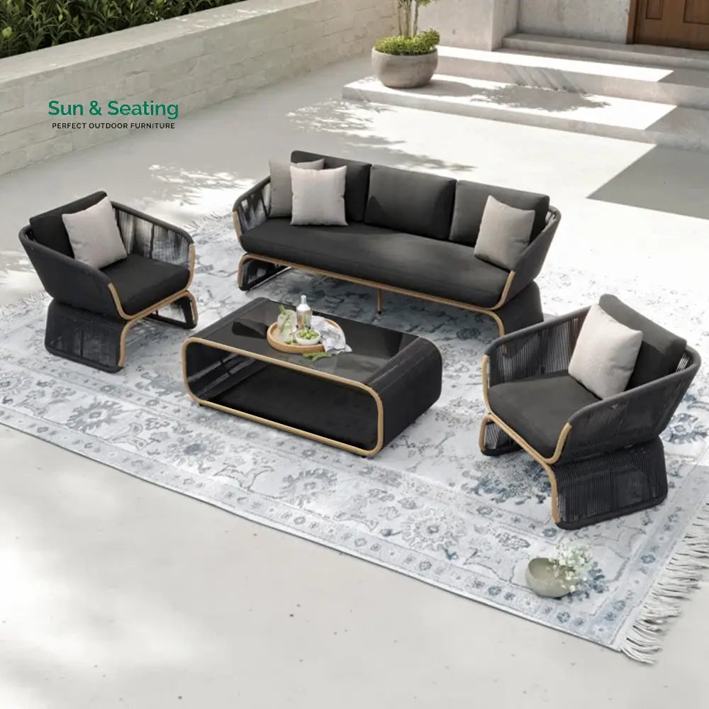 Emidio Outdoor Sofa Set 3 Seater 2 Single seater and 1 Center Table Braided &amp; Rope Black Sofa Sets
