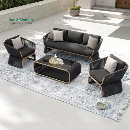 Emidio Outdoor Sofa Set 3 Seater 2 Single seater and 1 Center Table Braided & Rope Black Sofa Sets