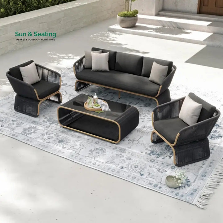 Emidio Outdoor Sofa Set 3 Seater 2 Single seater and 1 Center Table Braided &amp; Rope Black Sofa Sets