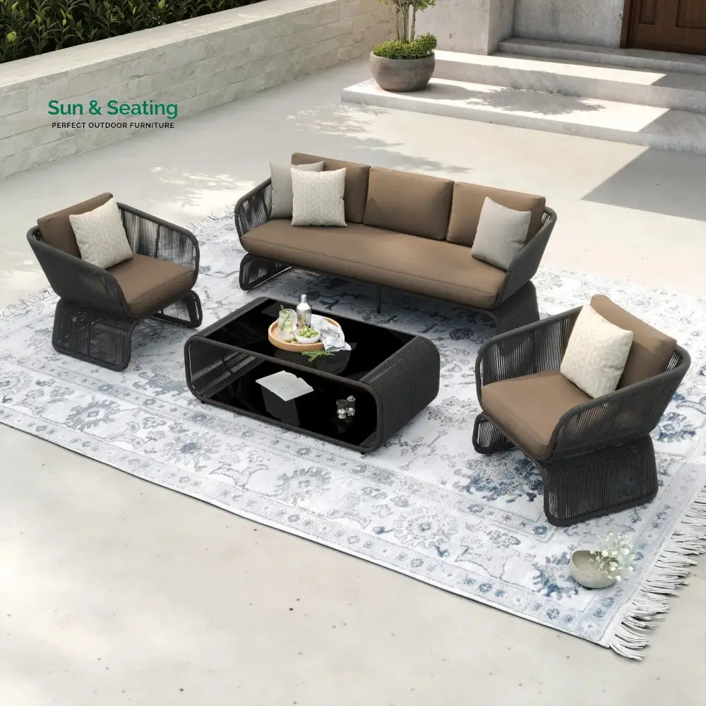 Emidio Outdoor Sofa Set 3 Seater 2 Single seater and 1 Center Table Braided & Rope Brown Sofa Sets