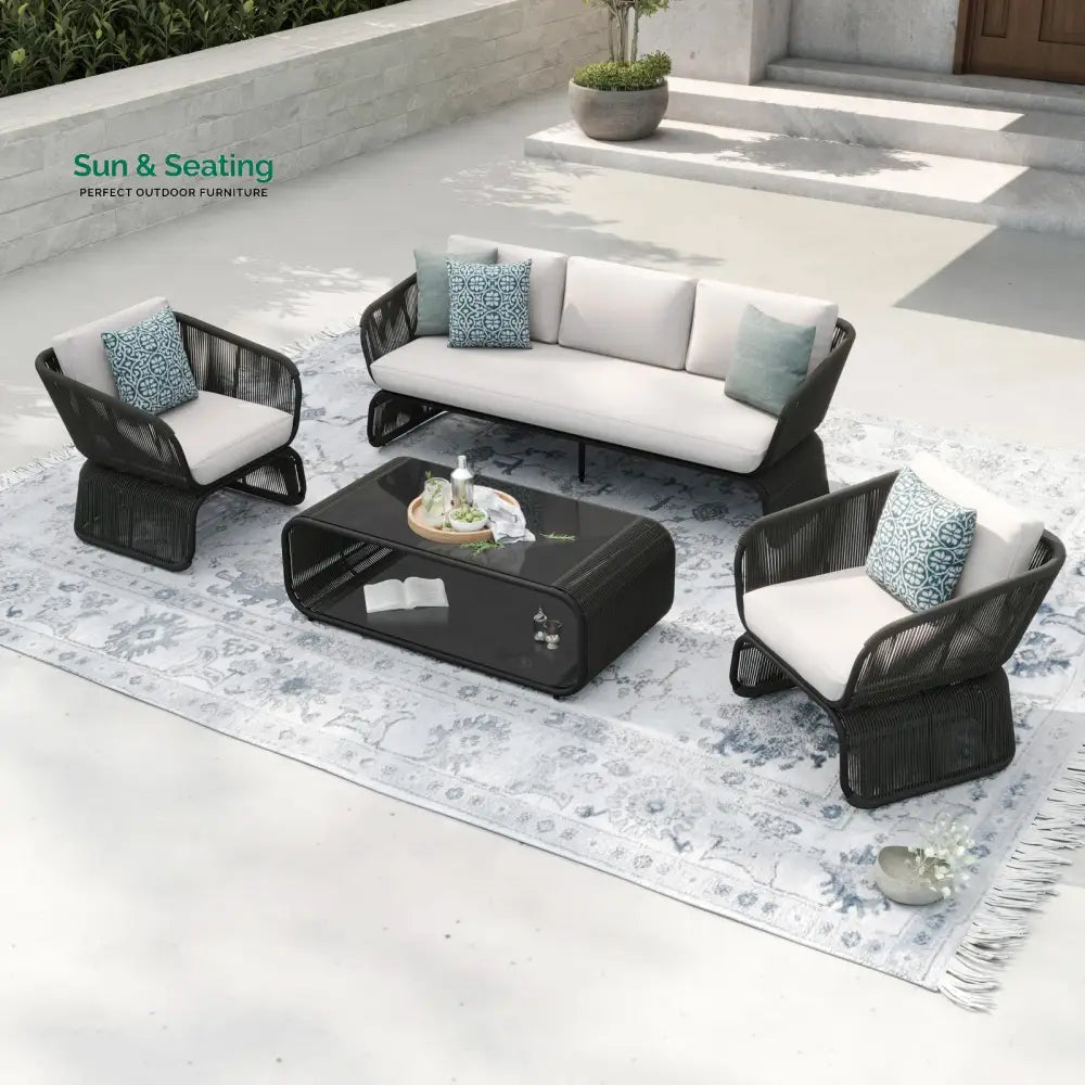 Emidio Outdoor Sofa Set 3 Seater 2 Single seater and 1 Center Table Braided &amp; Rope Off White Sofa Sets