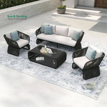 Emidio Outdoor Sofa Set 3 Seater 2 Single seater and 1 Center Table Braided & Rope Off White Sofa Sets