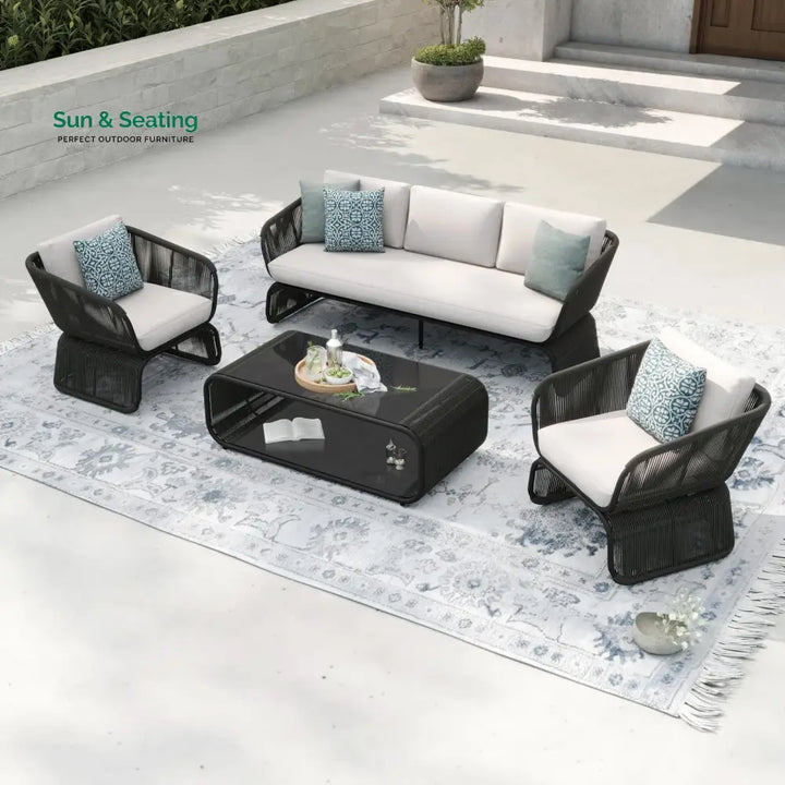 Emidio Outdoor Sofa Set 3 Seater 2 Single seater and 1 Center Table Braided &amp; Rope Off White Sofa Sets