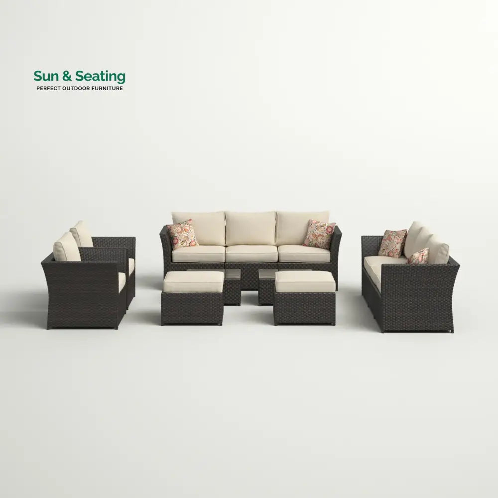 Enorson Outdoor Garden Balcony Sofa Set 2 Three Seater 2 Single Seater With 2 Ottoman and 2 Center Table Set (Brown)