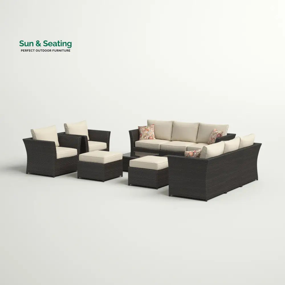 Enorson Outdoor Garden Balcony Sofa Set 2 Three Seater 2 Single Seater With 2 Ottoman and 2 Center Table Set (Brown)