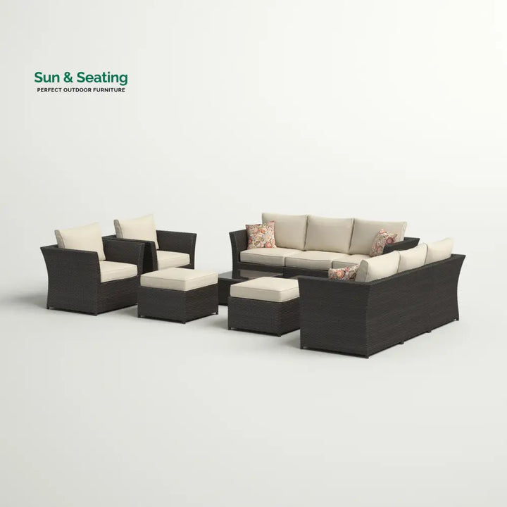 Enorson Outdoor Garden Balcony Sofa Set 2 Three Seater 2 Single Seater With 2 Ottoman and 2 Center Table Set (Brown)