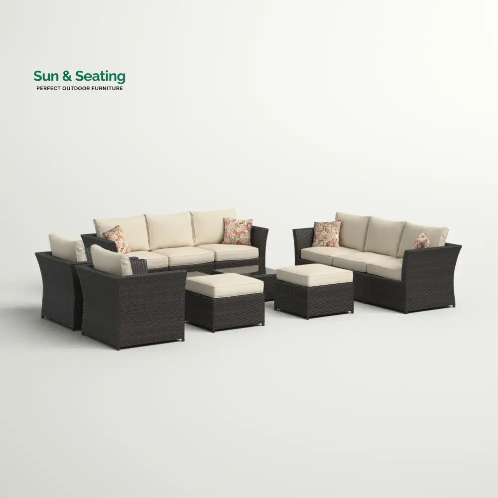 Enorson Outdoor Garden Balcony Sofa Set 2 Three Seater 2 Single Seater With 2 Ottoman and 2 Center Table Set (Brown)