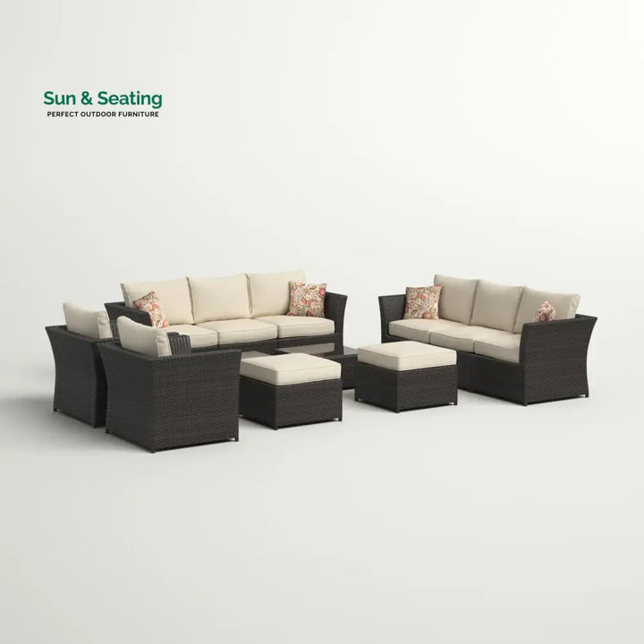 Enorson Outdoor Garden Balcony Sofa Set 2 Three Seater 2 Single Seater With 2 Ottoman and 2 Center Table Set (Brown)