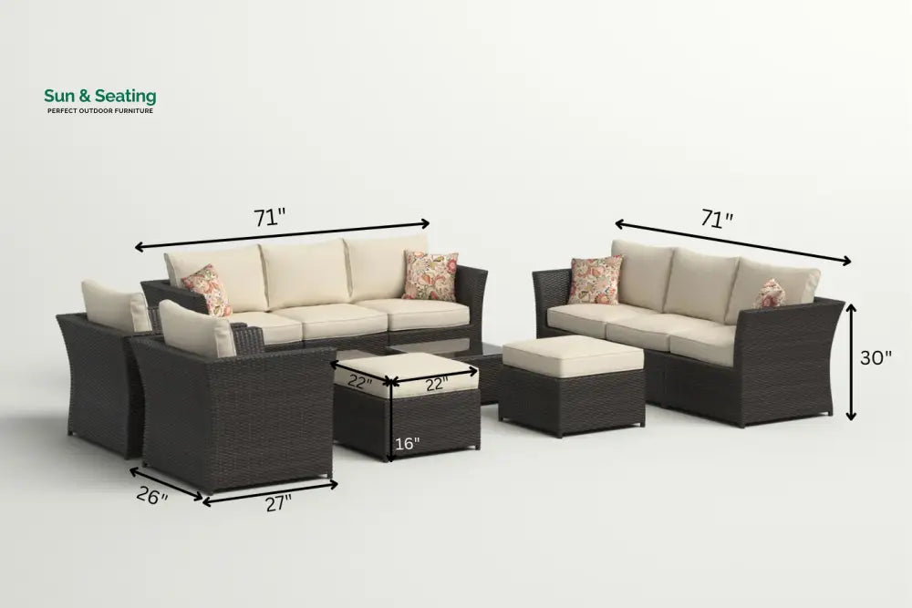 Enorson Outdoor Garden Balcony Sofa Set 2 Three Seater 2 Single Seater With 2 Ottoman and 2 Center Table Set (Brown)