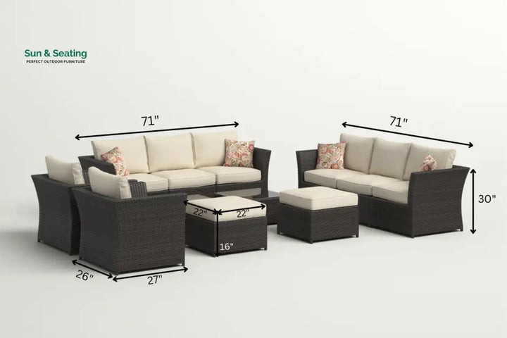 Enorson Outdoor Garden Balcony Sofa Set 2 Three Seater 2 Single Seater With 2 Ottoman and 2 Center Table Set (Brown)