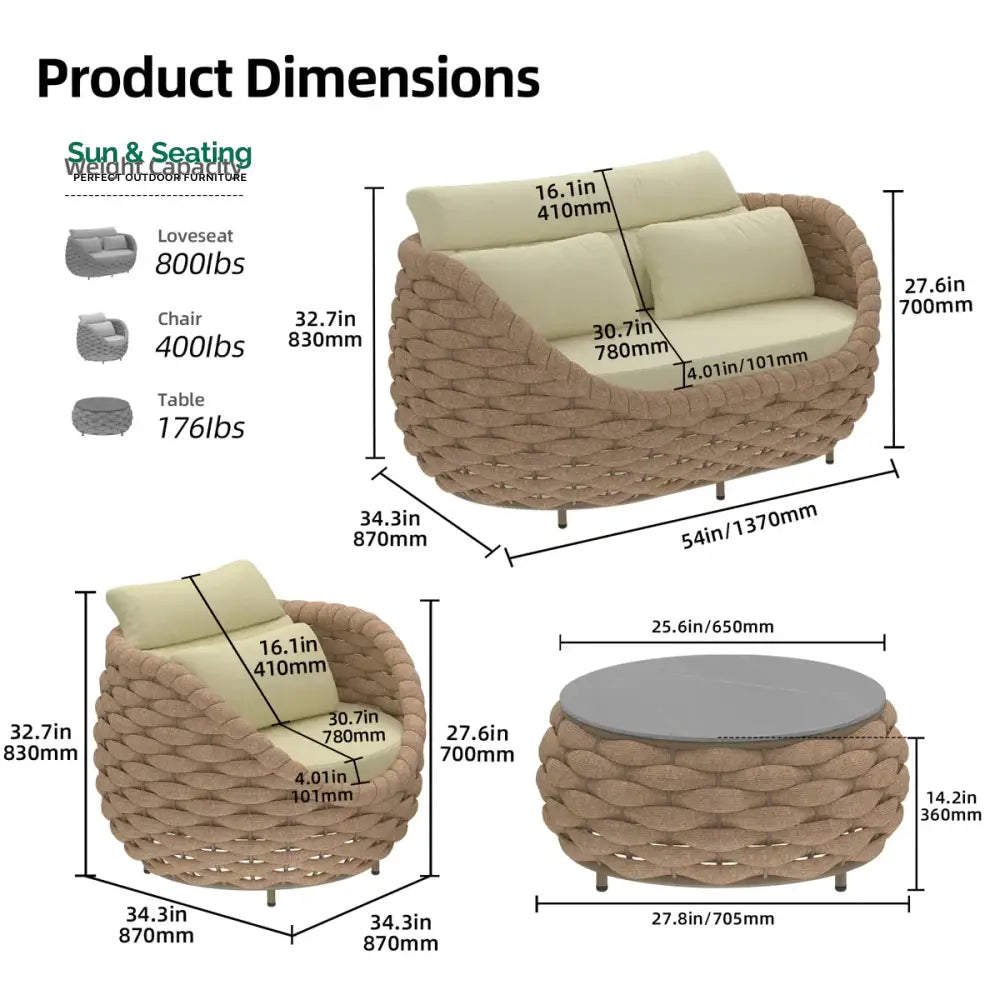 Equo Outdoor Sofa Set 2 Seater 2 Single seater and 1 Center Table (Beige) Braided & Rope Sofa Sets