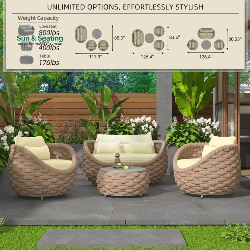 Equo Outdoor Sofa Set 2 Seater 2 Single seater and 1 Center Table (Beige) Braided & Rope Sofa Sets