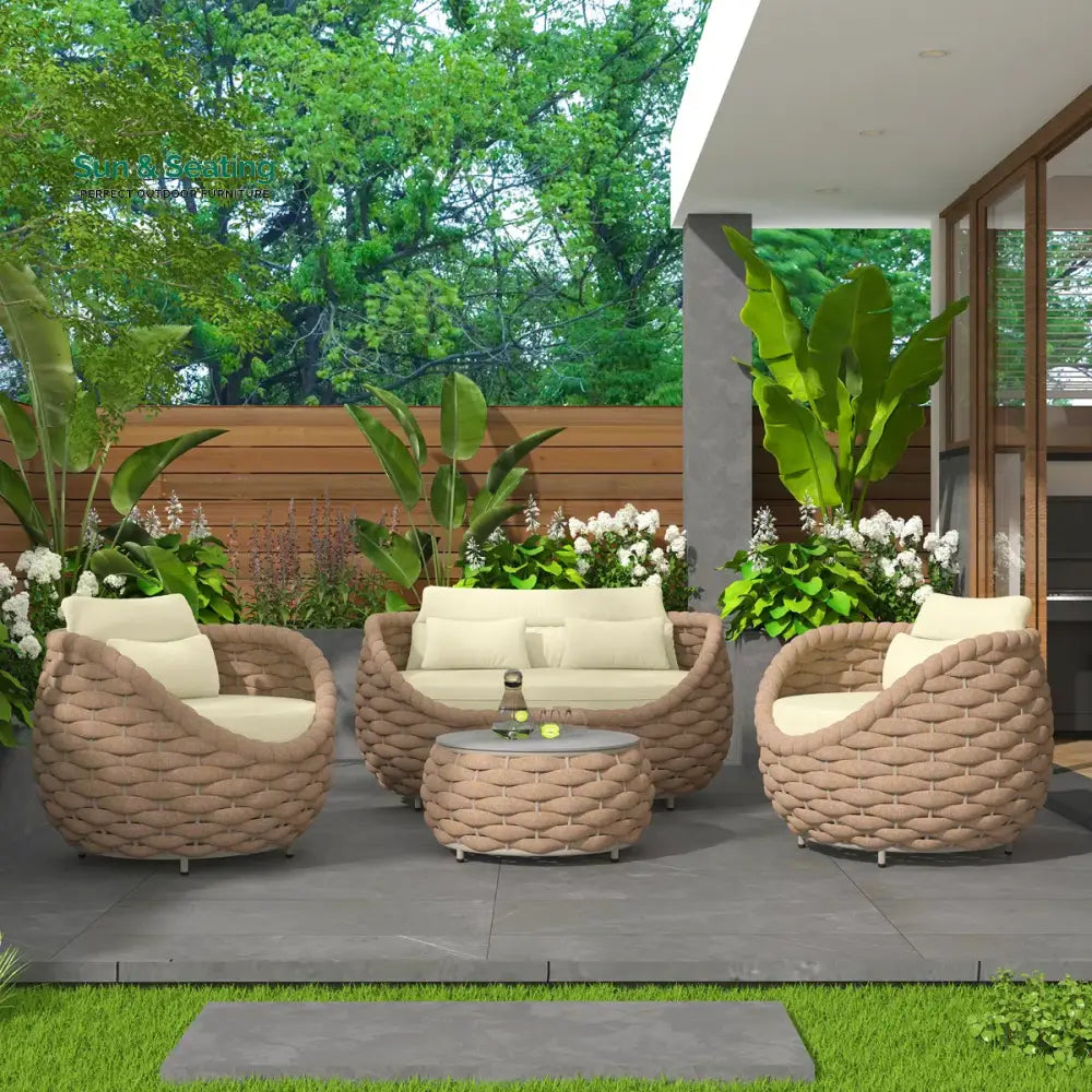 Equo Outdoor Sofa Set 2 Seater 2 Single seater and 1 Center Table (Beige) Braided &amp; Rope Sofa Sets