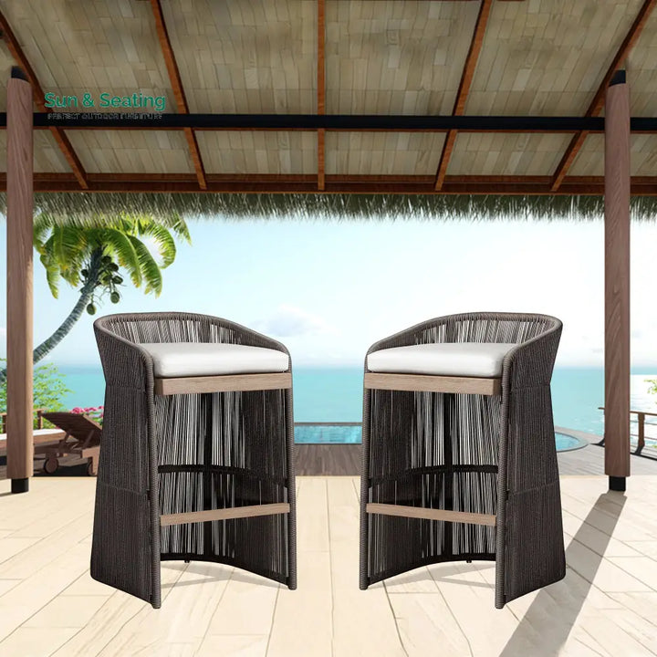 Erim Outdoor Patio Bar Chair 2 Chair For Balcony Braided &amp; Rope Grey Bar Sets