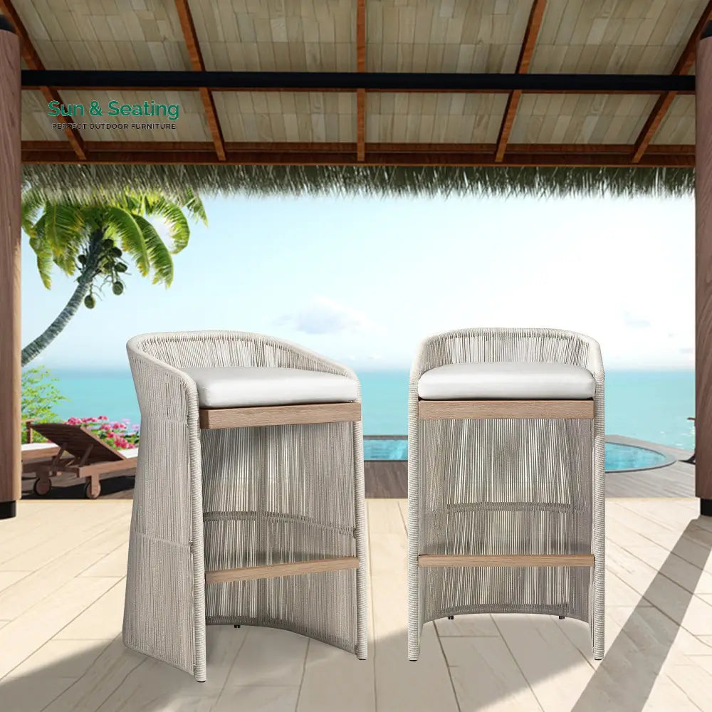Erim Outdoor Patio Bar Chair 2 Chair For Balcony Braided &amp; Rope Ivory Bar Sets
