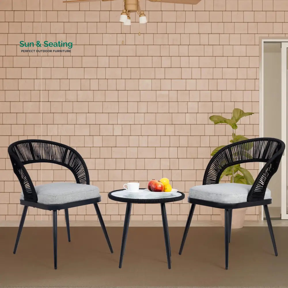 Espinal Outdoor Patio Seating Set 2 Chairs and 1 Table Set Braided &amp; Rope Black Coffee Table Sets