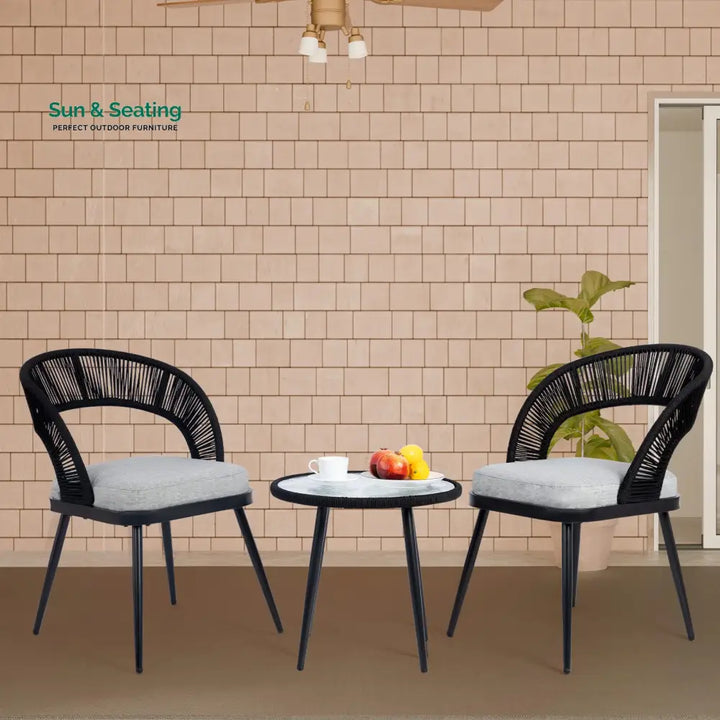 Espinal Outdoor Patio Seating Set 2 Chairs and 1 Table Set Braided &amp; Rope Black Coffee Table Sets
