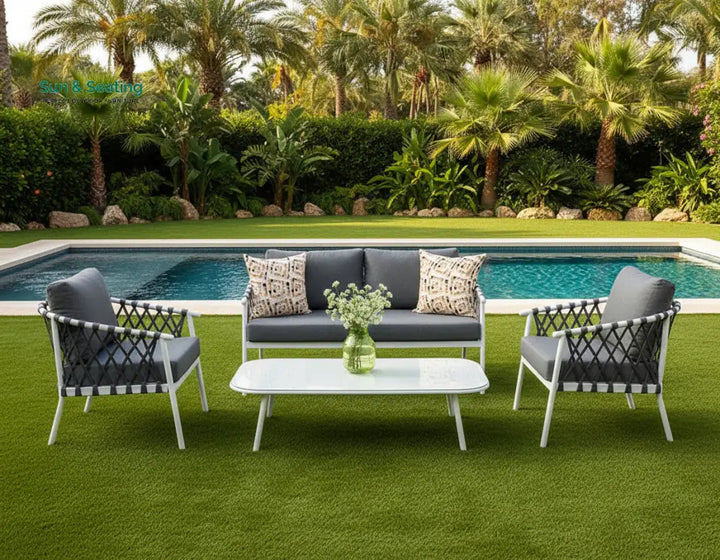 Etta Outdoor Sofa Set 2 Seater 2 Single seater and 1 Center Table (White +Grey) Braided &amp; Rope Sofa Sets
