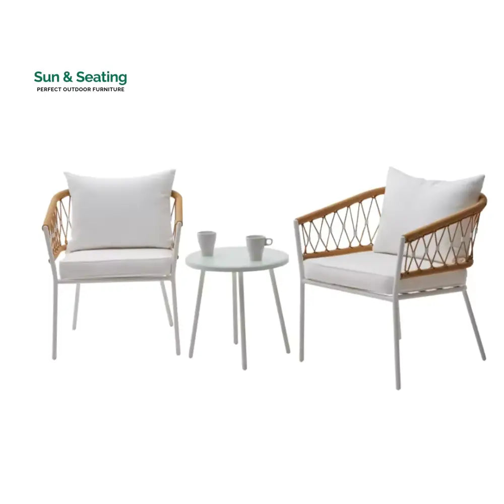 Eusbio Outdoor Patio Seating Set 2 Chairs and 1 Table Set Braided &amp; Rope (Honey/White) Coffee Table Sets