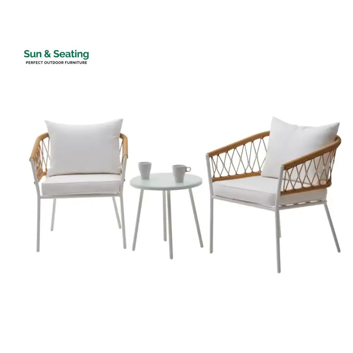 Eusbio Outdoor Patio Seating Set 2 Chairs and 1 Table Set Braided &amp; Rope (Honey/White) Coffee Table Sets