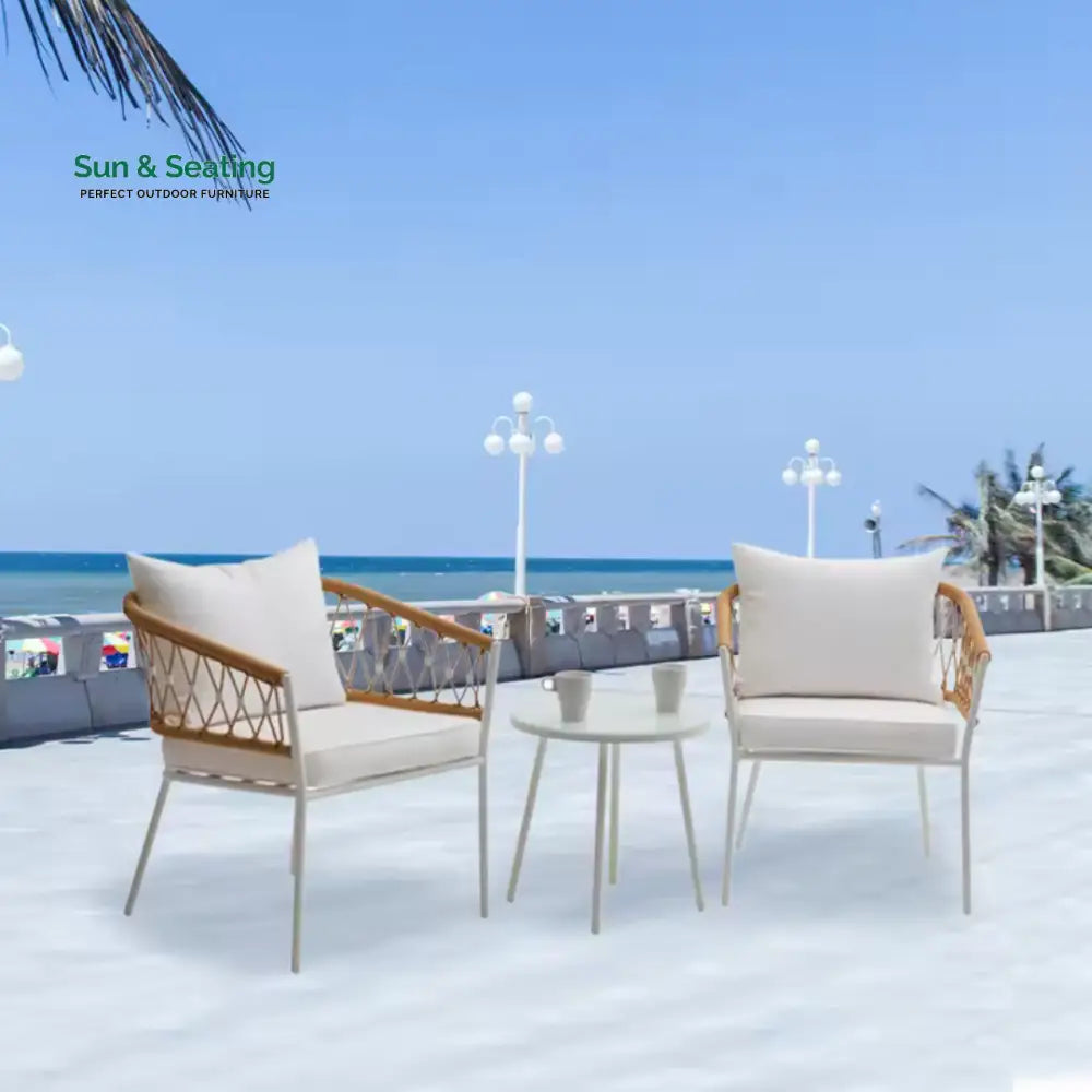 Eusbio Outdoor Patio Seating Set 2 Chairs and 1 Table Set Braided & Rope (Honey/White) Coffee Table Sets