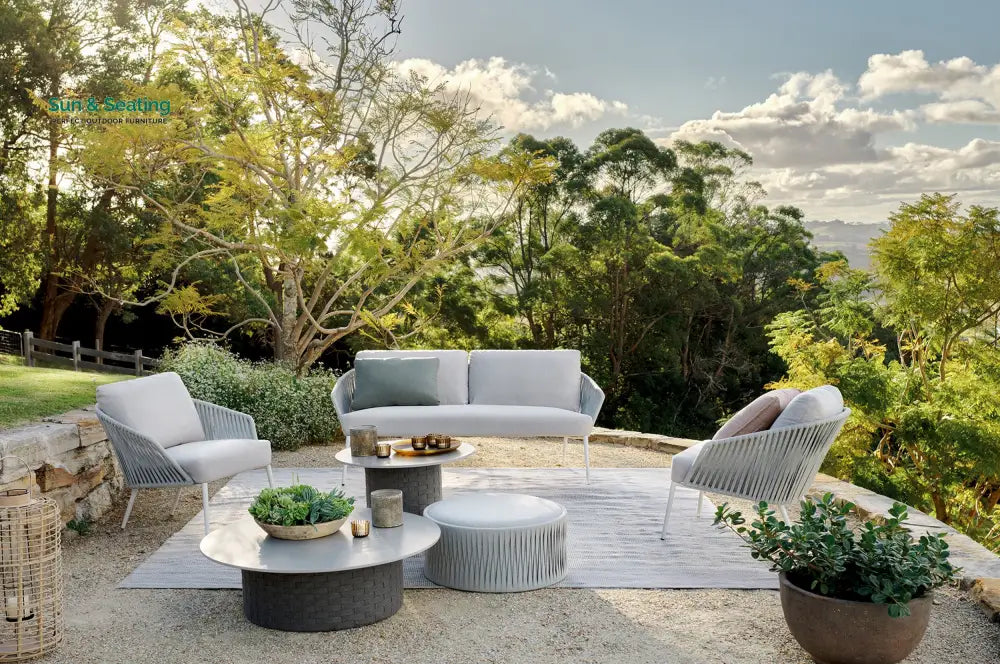 Eustacia Outdoor Sofa Set 2 Seater 2 Single Seater 1 Ottoman 1 Center Table + 1 side table Set (Grey) Braided & Rope