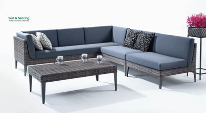 Euvan Outdoor Garden Balcony Sofa Set 3 Seater and 2 Single Seater With 1 Center Table Set (Brown + Navy Blue) Sofa Sets