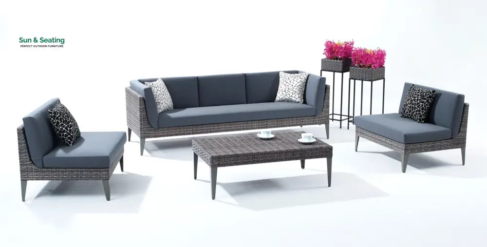 Euvan Outdoor Garden Balcony Sofa Set 3 Seater and 2 Single Seater With 1 Center Table Set (Brown + Navy Blue) Sofa Sets