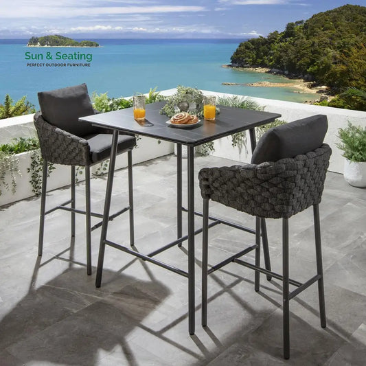 Evita Outdoor Patio Bar Set 2 Chairs and 1 Table Set Braided & Rope (Black) Bar Sets