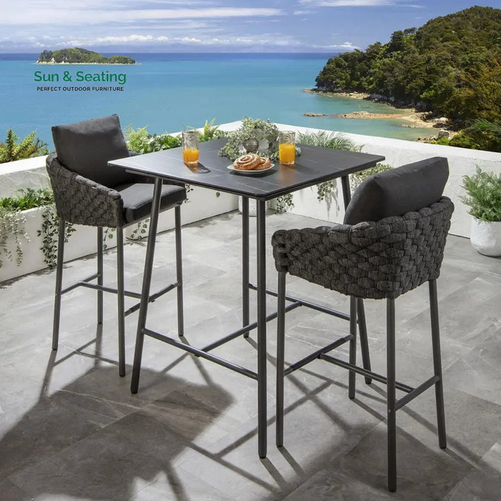 Evita Outdoor Patio Bar Set 2 Chairs and 1 Table Set Braided &amp; Rope (Black) Bar Sets