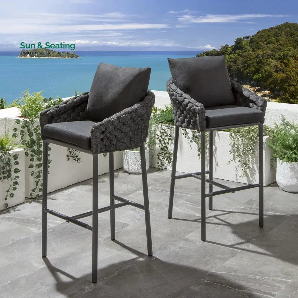 Evita Outdoor Patio Bar Set 2 Chairs and 1 Table Set Braided &amp; Rope (Black) Bar Sets