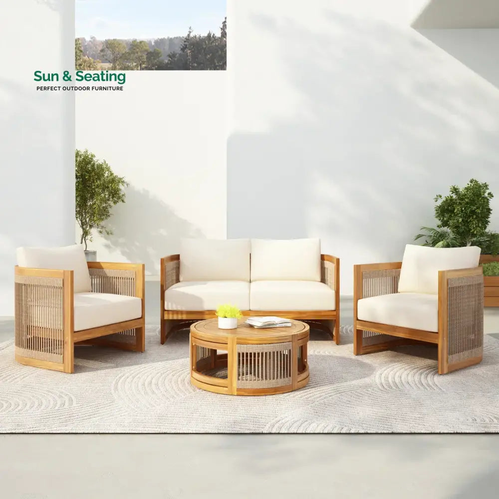Exano Outdoor Sofa Set 2 Seater 2 Single seater and 1 Center Table Braided &amp; Rope Beige Sofa Sets