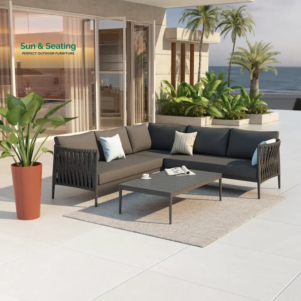 Fabian Outdoor Garden Balcony Sofa Set 5 Seater and 1 Center Table Set Braid &amp; Rope (Dark Grey) Sofa Sets