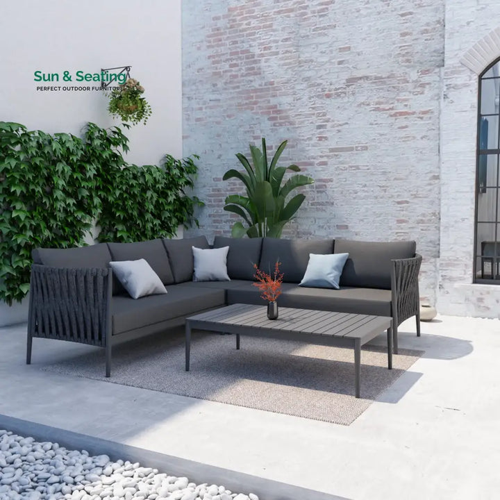 Fabian Outdoor Garden Balcony Sofa Set 5 Seater and 1 Center Table Set Braid &amp; Rope (Dark Grey) Sofa Sets