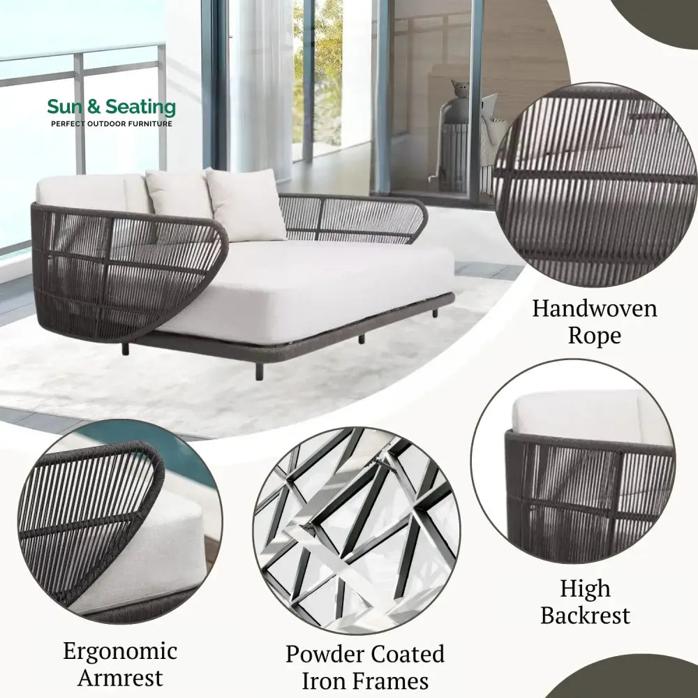 Faustina Outdoor Grey Rope Patio Daybed With Off-White Cushion Daybed