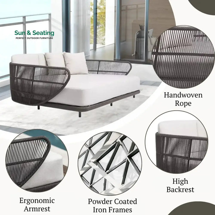 Faustina Outdoor Grey Rope Patio Daybed With Off-White Cushion Daybed