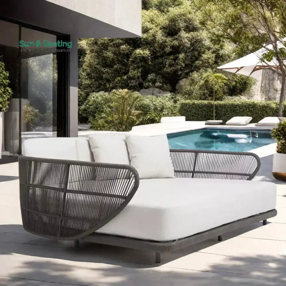 Faustina Outdoor Grey Rope Patio Daybed With Off-White Cushion Daybed