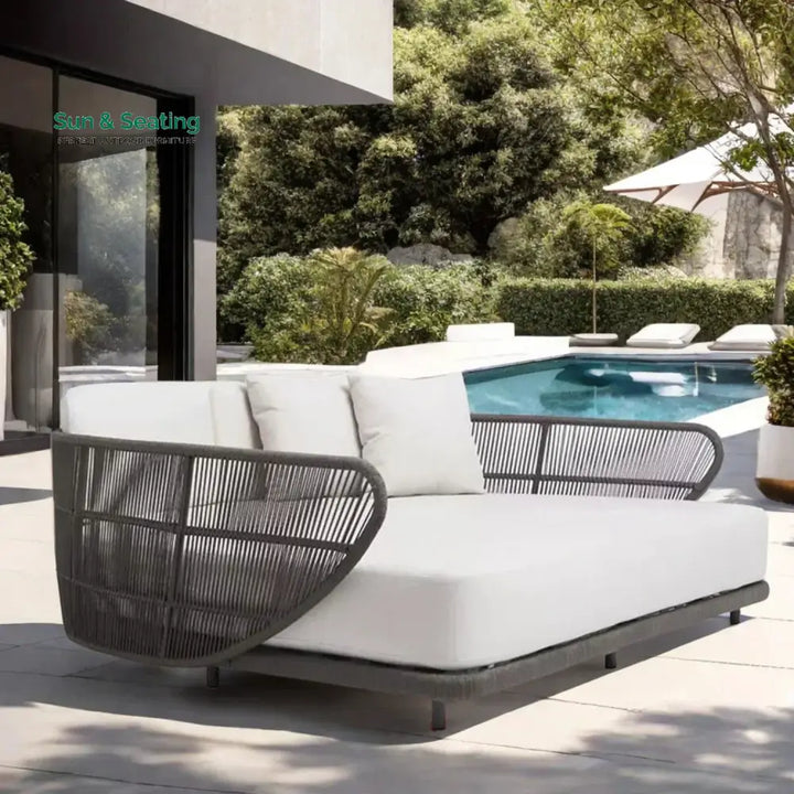 Faustina Outdoor Grey Rope Patio Daybed With Off-White Cushion Daybed