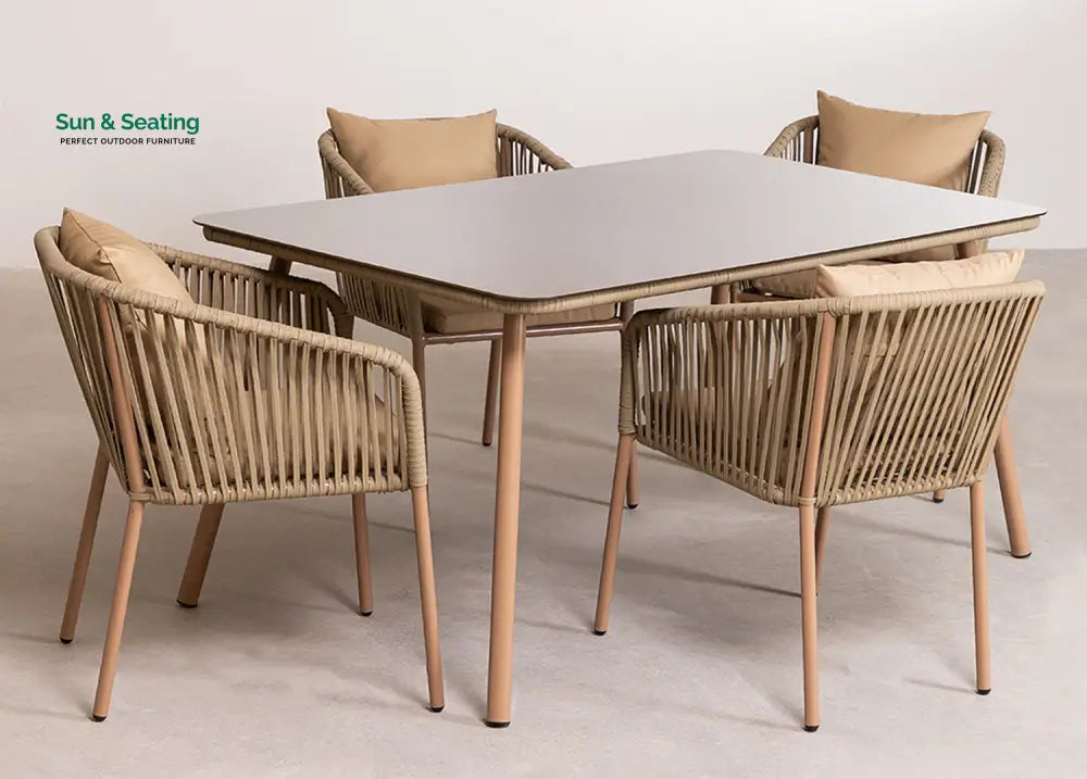Faustino Outdoor Patio Dining Seating Set 4 Chairs and 1 Table Set Braided &amp; Rope Brown Coffee Table Sets