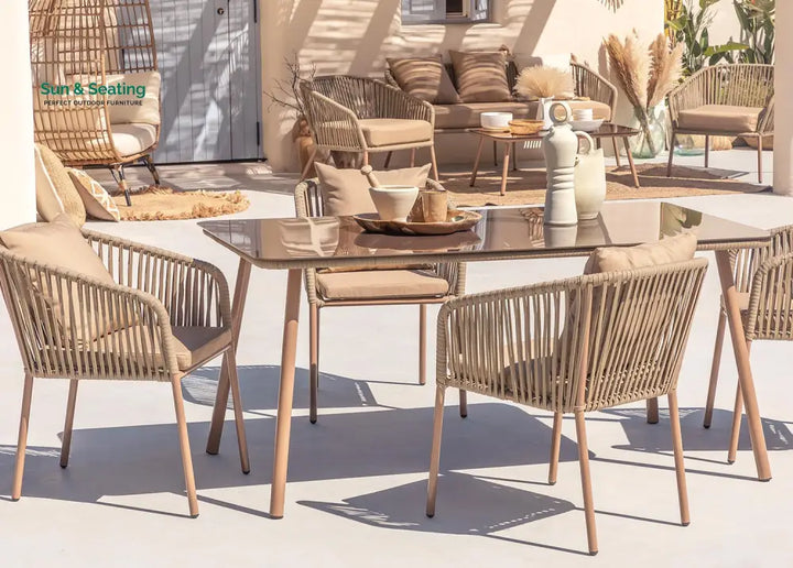 Faustino Outdoor Patio Dining Seating Set 4 Chairs and 1 Table Set Braided &amp; Rope Coffee Table Sets