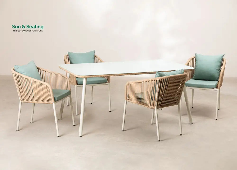 Faustino Outdoor Patio Dining Seating Set 4 Chairs and 1 Table Set Braided &amp; Rope Green Coffee Table Sets