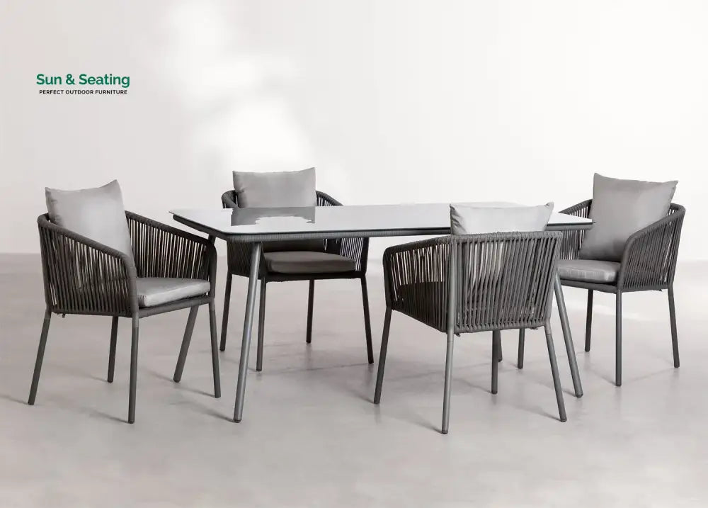 Faustino Outdoor Patio Dining Seating Set 4 Chairs and 1 Table Set Braided &amp; Rope Grey Coffee Table Sets