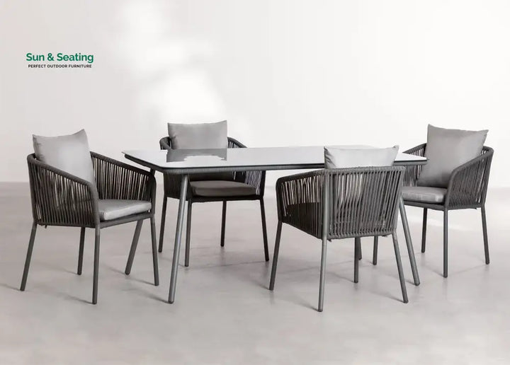 Faustino Outdoor Patio Dining Seating Set 4 Chairs and 1 Table Set Braided &amp; Rope Grey Coffee Table Sets