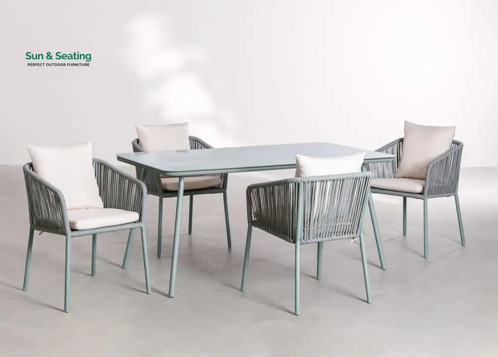 Faustino Outdoor Patio Dining Seating Set 4 Chairs and 1 Table Set Braided &amp; Rope Light Green Coffee Table Sets