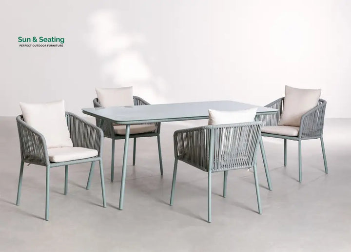Faustino Outdoor Patio Dining Seating Set 4 Chairs and 1 Table Set Braided &amp; Rope Light Green Coffee Table Sets
