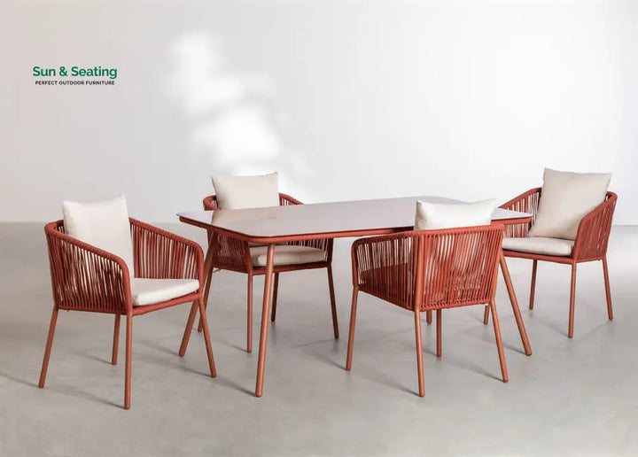 Faustino Outdoor Patio Dining Seating Set 4 Chairs and 1 Table Set Braided &amp; Rope Red Coffee Table Sets